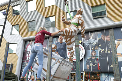 In alle vroegte arriveert het standbeeld bij de JC Arena. © Deze man verdient een standbeeld